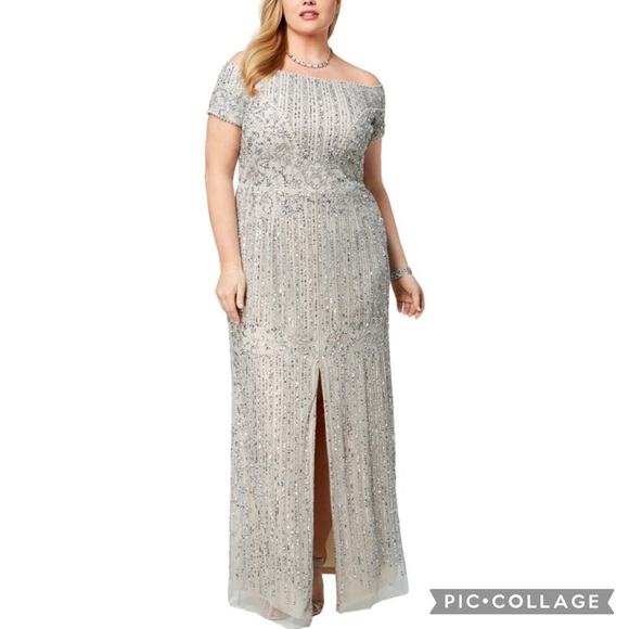Adrianna Papell off shoulder beaded long gown - Picture 4 of 12